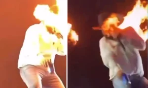 Cantor Léo fica ferido após ter rosto atingido por fogo em show