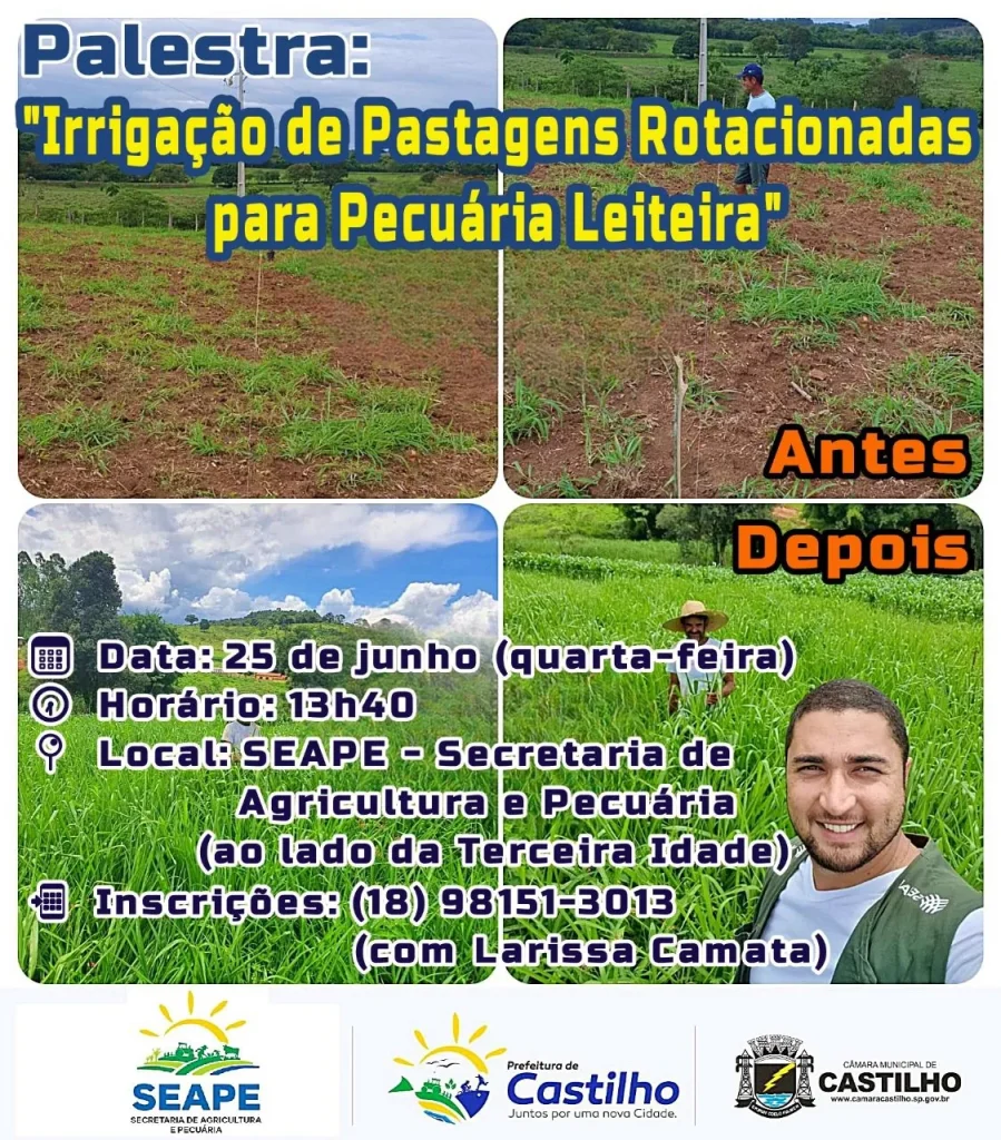 Pecuária em Castilho: 5 vantagens do treinamento em irrigação de pastagens que acontece dia 25 de junho 1 Pecuária em Castilho, irrigação de pastagens Castilho, treinamento para pecuaristas Castilho, pecuária leiteira Castilho, curso gratuito pecuária Castilho