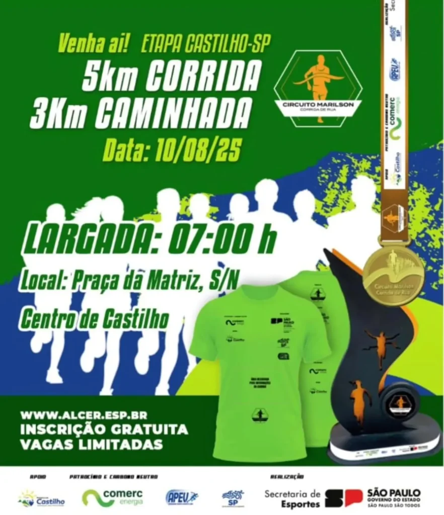 Corrida de Rua Castilho 2025: Evento acontece em 10 de agosto com provas de 5km e 3km 1 Corrida de Rua Castilho 2025, Circuito Marilson Castilho 2025, inscrições Corrida de Rua Castilho, caminhada Castilho 2025, evento esportivo Castilho 2025,
