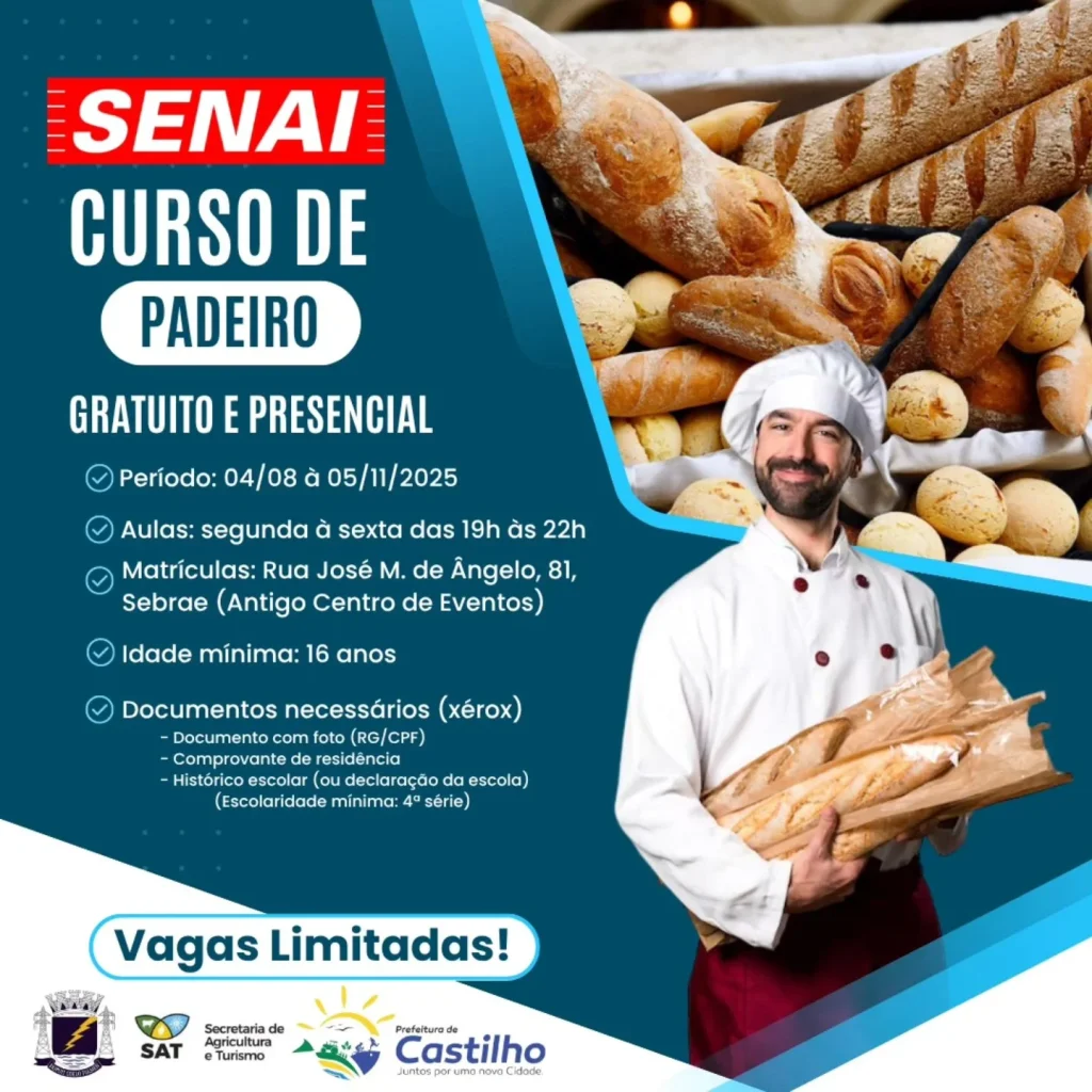 Curso de Padeiro Castilho SP: 18 vagas gratuitas com início em 4 de agosto 1 Curso de Padeiro Castilho SP, curso de padeiro gratuito Castilho, curso presencial Castilho SP, SENAI Castilho 2025, padeiro Castilho SP, panificação em Castilho,