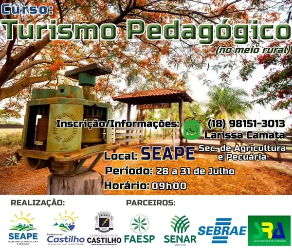 Curso Turismo Pedagógico Rural: 2ª turma será oferecida gratuitamente de 28 a 31 de julho em Castilho 1 Curso Turismo Pedagógico Rural, curso gratuito turismo rural Castilho, capacitação meio rural Castilho, curso SEAPE Castilho, curso SENAR Castilho, turismo pedagógico rural Castilho, curso turismo educativo Castilho, rural Castilho 2025, curso agricultura Castilho, curso gratuito Castilho, formação rural Castilho, curso SEBRAE FAESP SENAR, curso pedagogia no campo Castilho, curso produtores rurais Castilho, curso julho Castilho,