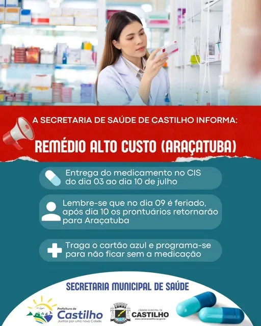 remédio alto custo Castilho, medicamentos de alto custo CIS, Secretaria de Saúde de Castilho, remédio Araçatuba Castilho, entrega de medicamentos julho Castilho,