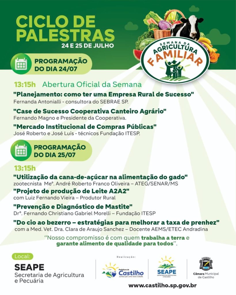 Semana da Agricultura em Castilho SP, agricultura familiar Castilho, ciclo de palestras rurais Castilho, evento rural Castilho 2025, leite A2A2 Castilho, mastite gado Castilho, nutrição animal Castilho, evento SEAPE Castilho, agricultura familiar SP, alimentação gado Castilho, produtores rurais Castilho, curso rural gratuito Castilho, agro Castilho, manejo reprodutivo Castilho, agricultura Castilho SP, agronegócio Castilho 2025, inscrições semana agricultura Castilho, evento agro SP 2025, técnicos agrícolas Castilho, cooperativa rural Castilho,