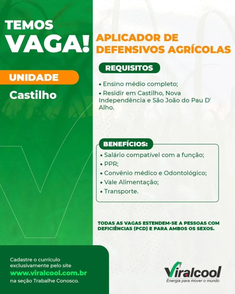 Emprego em Castilho: Viralcool abre vaga para Aplicador de Defensivos Agrícolas com benefícios atrativos 1 vaga Viralcool Castilho
emprego em Castilho 2025