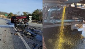 Acidente envolvendo caminhão-tanque e caminhonete provocou vazamento de biodiesel na BR-262 Acidente envolvendo caminhão-tanque e caminhonete provocou vazamento de biodiesel na BR-262