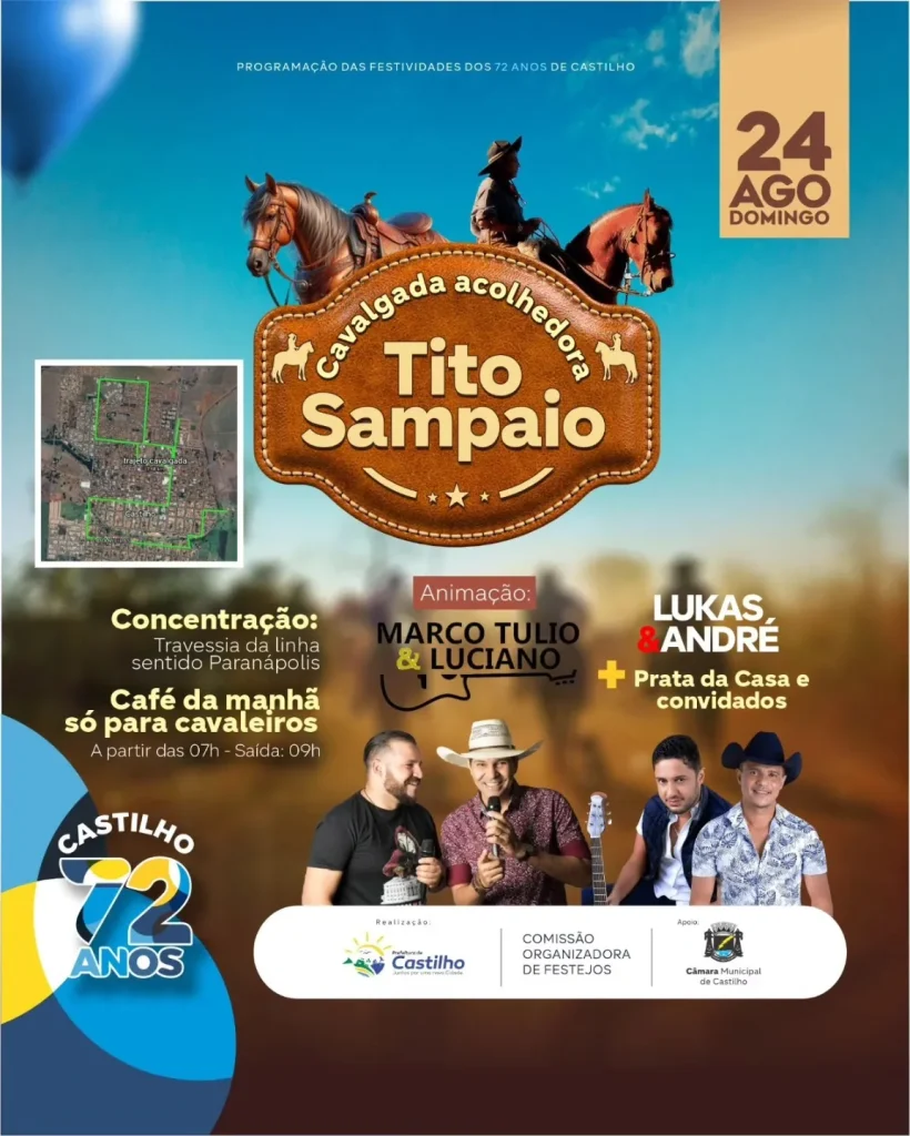 Cavalgada Castilho 2025, Cavalgada Acolhedora Tito Sampaio, cavalgada em Castilho, Queima do Alho Castilho, aniversário de Castilho 2025, cavalgada tradição Castilho, cavalgada agosto 2025,