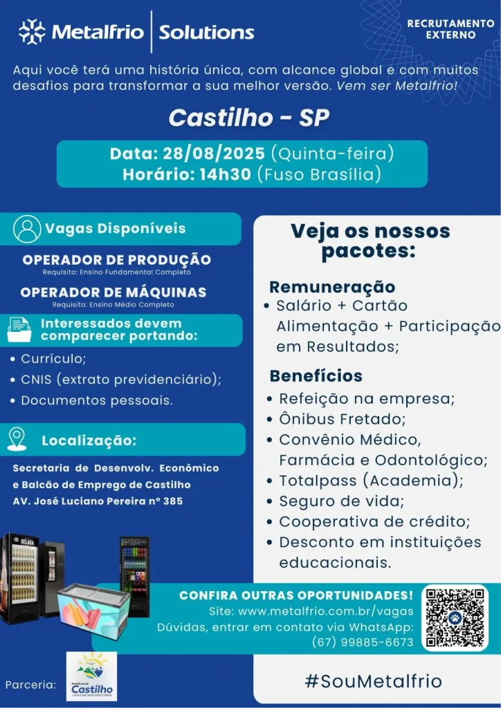 Vagas de Emprego em Castilho - Seletiva em 28 de Agosto em Castilho SP 1 vagas de emprego